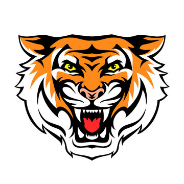 Angry tiger roaring head face. Vector illustration for tattoo, print, poster, sticker, logo, emblem. 