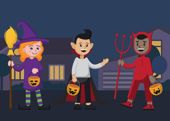 Happy children's friend meet on street to celebrate Halloween 