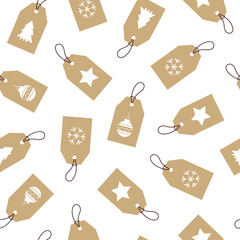 Trendy minimal seamless pattern  with tags of christmas elements of kraft paper on a white background. Vector simple illustration