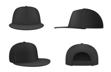 Realistic black rap cap with straight visor set vector illustration hip hop fashion headdress