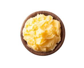 Ghee or clarified butter in wooden bowl, cooking oil, pure ghee isolated on white background. Clarified butter with copy space for text on white. Top view.