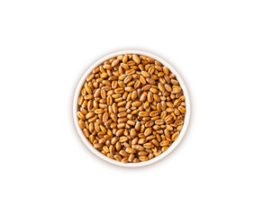 Bowl with wheat isolated on white background. Close-up. Grain wheat on white background. Whole grain wheat. Top view, image with copy space.