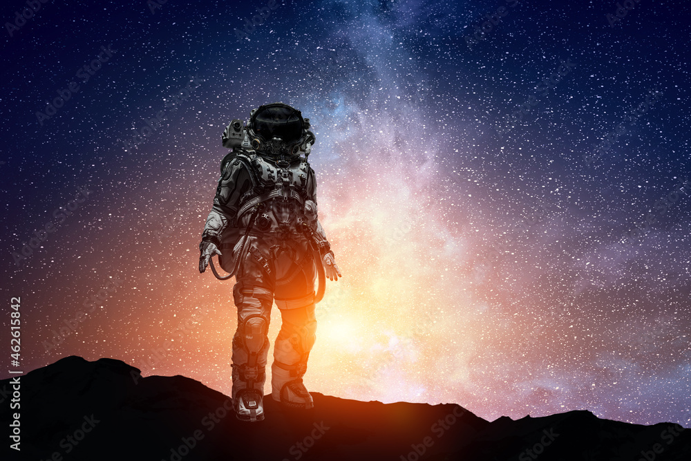 Aufkleber astronaut walking on an unexplored planet . mixed media