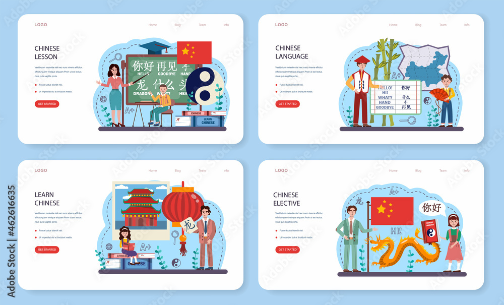 Poster chinese language learning web banner or landing page set.