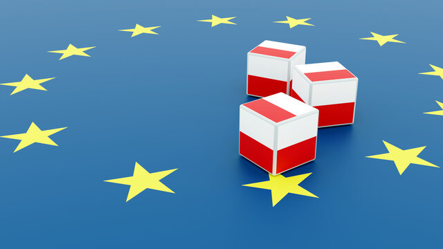 POLEXIT 3d illustration of polexit dices with Poland flag on European Union flag, best future of Countries that leaves Europe, exit from European Union cage, escape