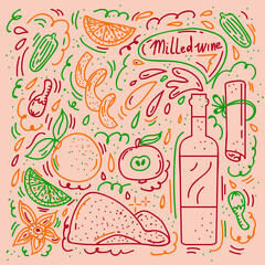 Background with warming mulled wine and wine. Illustration linear recipe apples, citrus peel, cinnamon. Doodle pattern with hot drink. Vector illustration