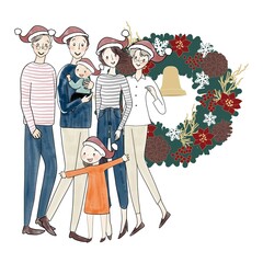 サンタクロース帽子の三世帯家族とクリスマスリース
