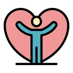 Man keep bonus heart icon. Outline man keep bonus heart vector icon color flat isolated