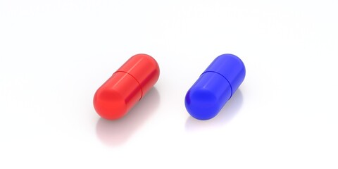 Red and blue pills capsules tablets isolated on white background. 3d illustration