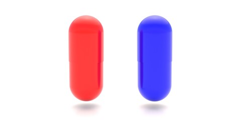 Red and blue pills capsules tablets isolated on white background. 3d illustration