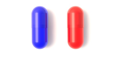Red and blue pills capsules tablets isolated on white background. 3d illustration