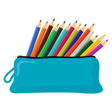 School pencil case filled with school stationery, multicolored wooden pencils. Back to school.