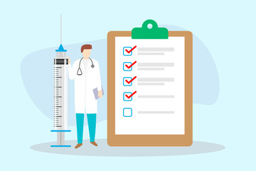 Checklist board with doctor and syringe, Health checklist concept.