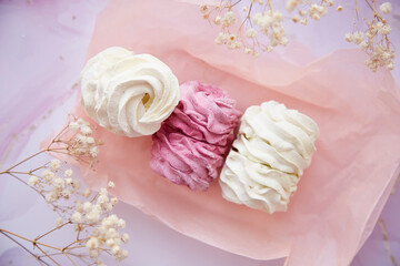 Feminine background, pink and white marshmallow with decoration of gypsophila close up. Cozy winter weekends. Homemade sweets. Top view. Copy space