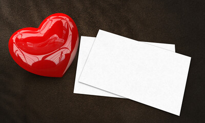 Love card decorated with a red heart, 3d illustration