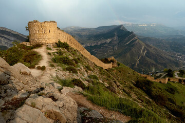 Gunibsky fortress. Protective wall and gates of Gunib. Russia, Republic of Dagestan. 