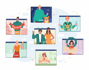 Christmas online party. Young adult characters with christmas celebration