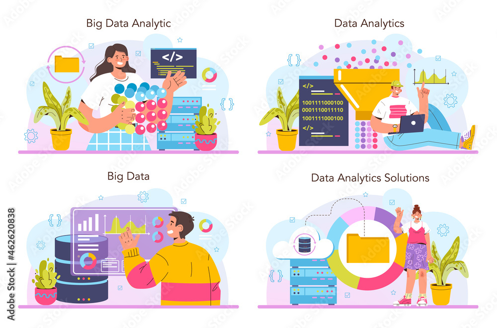 Poster big data analytics set. big data from different sources chart or graph