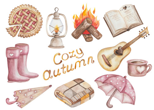 Watercolor illustration hand painted betty oil lantern, book, guitar, cake, umbrella, cup, fire, boots, plaid isolated on white. Clip art element for camping, cozy autumn postcards, posters, packaging
