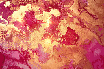 Gold, fuchsia and pink abstract alcohol ink marble texture. Vector shining background with glitter. Template for banner, poster design. Fluid art painting - obrazy, fototapety, plakaty