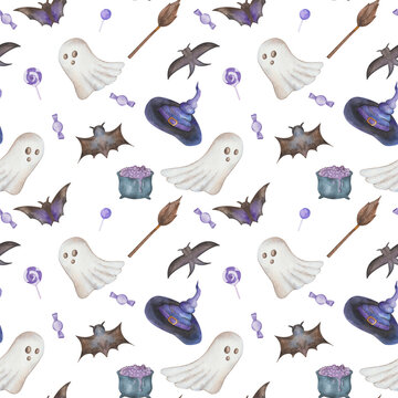 Watercolor seamless pattern from hand painted illustration of white flying ghost, witch hat, cauldron, sweets, bats, broomsick for Halloween isolated on white for fabric material, print, design cards