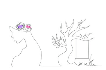 Combination design of nature and woman. Woman design with flower on her head. 