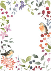 Card with flowers, berries, leaves and cute birds, watercolor colorful illustration isolated on white background, floral frame for your greeting or invitation, banner, poster or cover, wildlife garden