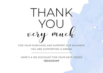 Thank you for your order, printable vector illustration. Business thank you customer card, creative graphic design template. Soft watercolor background, calligraphy script text, business card. - obrazy, fototapety, plakaty
