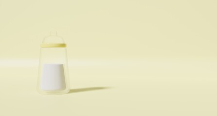 3Dレンダリング／3Dイラスト）クリーム色の背景にミニチュア風の哺乳瓶　テキストスペース　ミルク