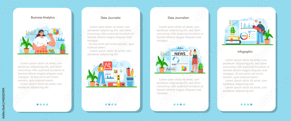 Poster data journalism or data-driven journalism mobile application banner set