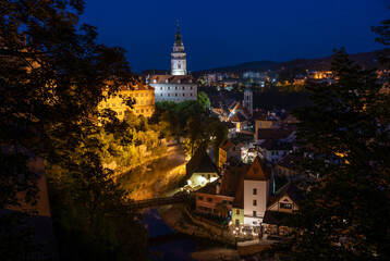 Downtown of Krumlov in Czech Republic  in the night.   - obrazy, fototapety, plakaty