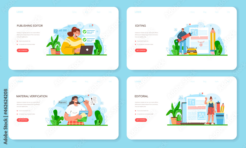 Poster publishing editor web banner or landing page set. journalist working