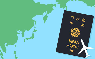 日本周辺の世界地図と日本のパスポートと飛行機の模型、一般旅券　紺色