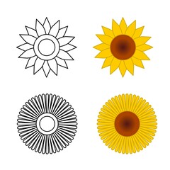 Outline and colored sunflower vector set