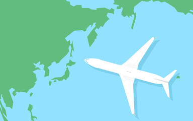 シンプルな日本周辺の世界地図と飛行機の模型