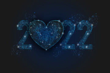 Abstract isolated blue image of new year number 2022 with heart. Polygonal low poly wireframe illustration looks like stars in the blask night sky in spase or flying glass shards. © Katsiaryna