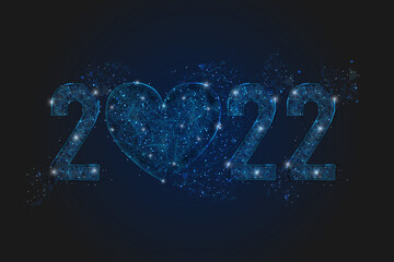 Abstract isolated blue image of new year number 2022 with heart. Polygonal low poly wireframe illustration looks like stars in the blask night sky in spase or flying glass shards. © Katsiaryna