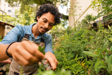 african american man taking care of plants and to prune at plant nursery