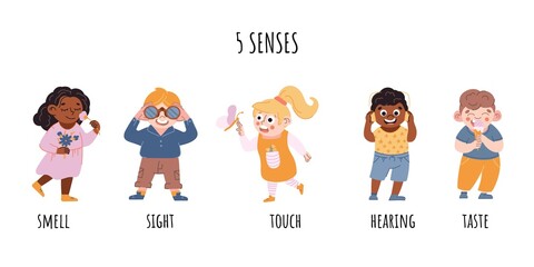Children five senses consept. Sense of sight, touch, hearing, smell, taste vector illustration.