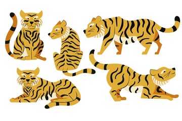 Set of vector tigers in flat design. Wild cats illustration isolated on white background
