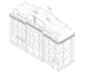 Contour of a decorative house isolated on a white background. Isometric view. Vector illustration