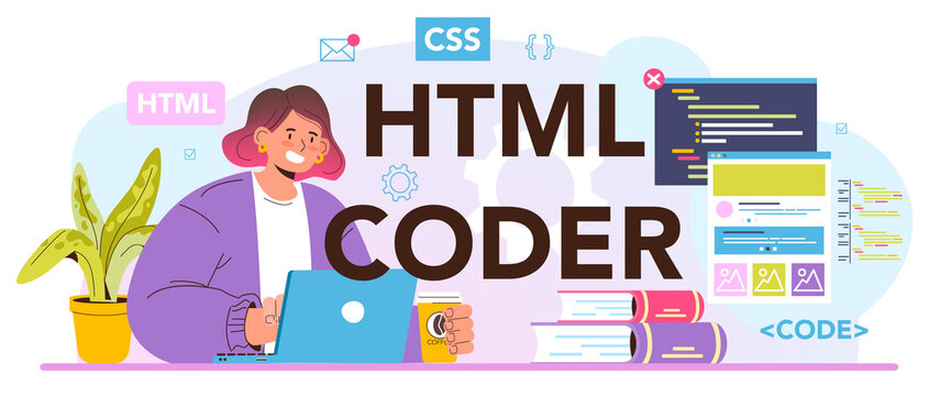HTML coder typographic header. Website development process. Digital