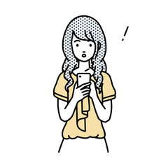 立ってスマートフォンを操作して何かに気づいて驚いたオフィスカジュアルの女性