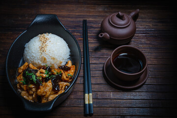 Teriyaki style- top view. Restaurant fast food