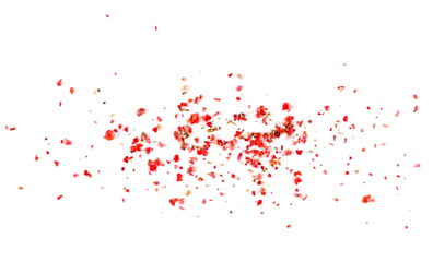 Ground red peppercorns, crushed pepper pile isolated on white background and texture, top view