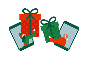 Man and woman swapping christmas gift on phone - obrazy, fototapety, plakaty