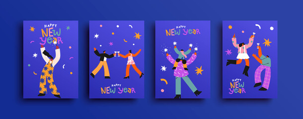 Happy New Year party people cartoon card set