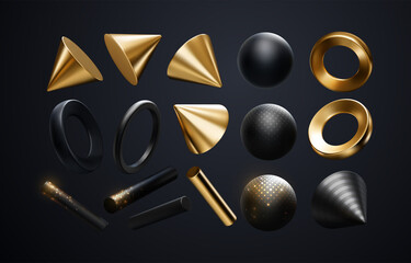 3d black and golden geometric shapes. Vector realistic illustration. - 462628248