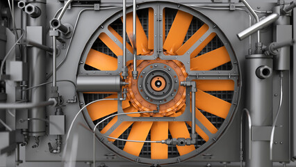 Large industrial fan. Industrial installation. Part of an air compressor. 3d render
