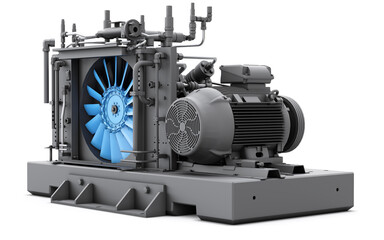 Air compressor with electric motor. Big fan. Heavy industrial plant in black. 3d render - obrazy, fototapety, plakaty